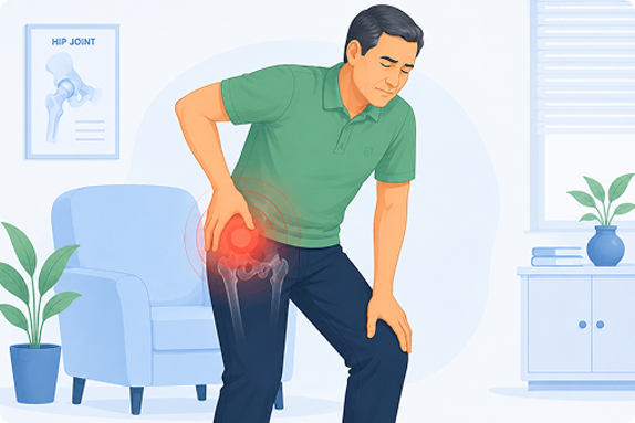 Man experiencing hip pain, Gondia