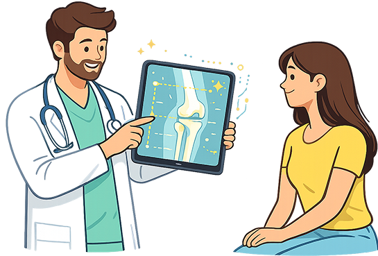 Doctor showing patient knee X-ray on tablet during AI-assisted planning consultation