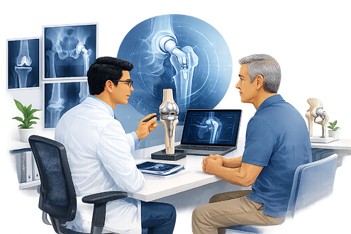 Doctor discussing revision knee and hip replacement with patient