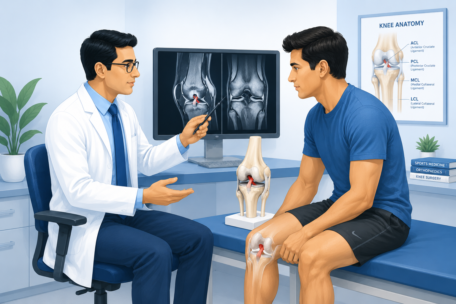 Dr. Om Baghele consulting patient with knee X-ray for ACL reconstruction