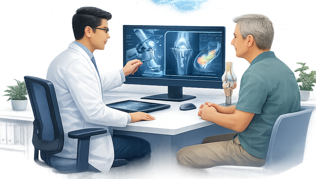 Dr. Om Baghele reviewing AI-assisted surgical planning with patient