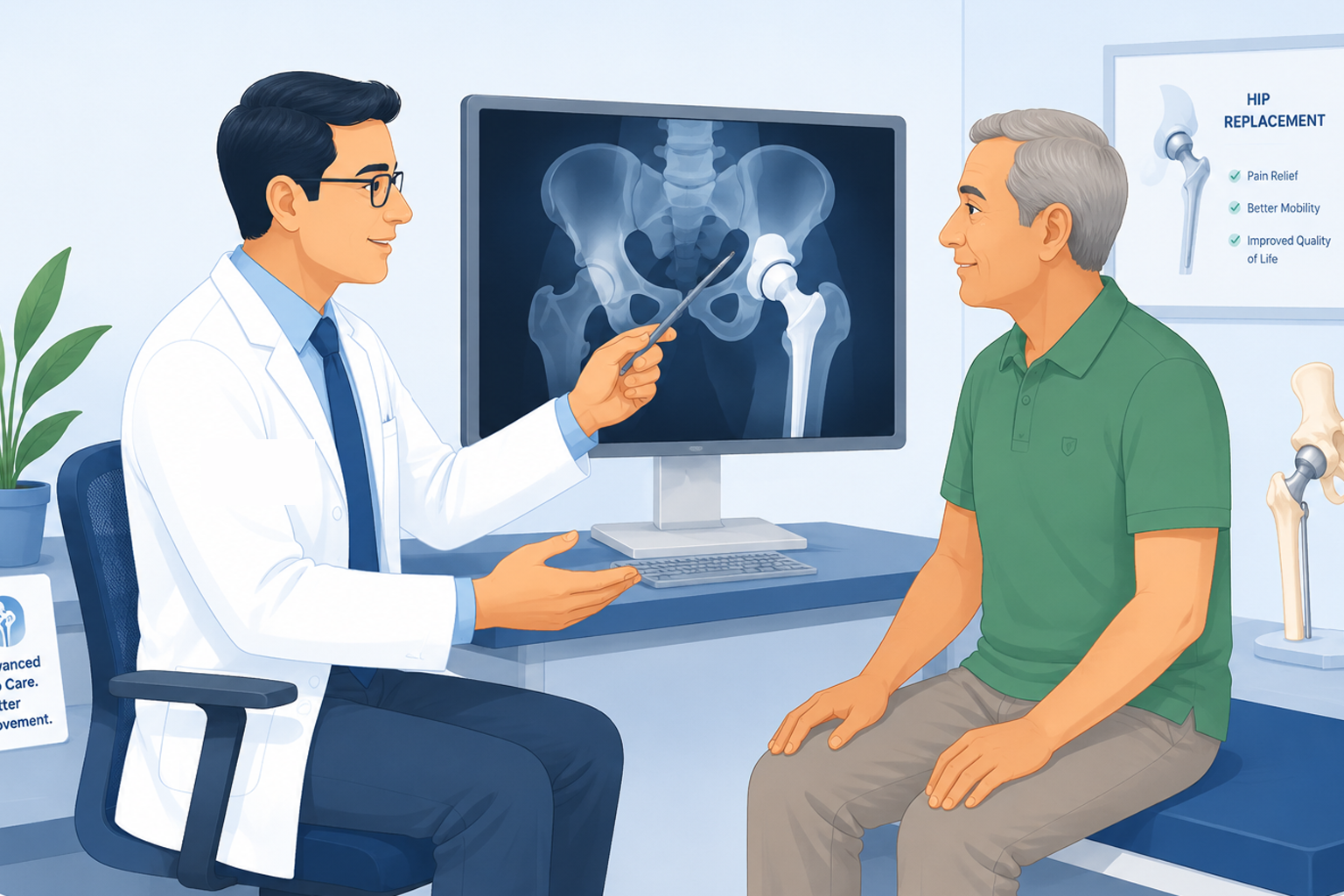 Dr. Om Baghele reviewing hip X-ray with patient, Gondia