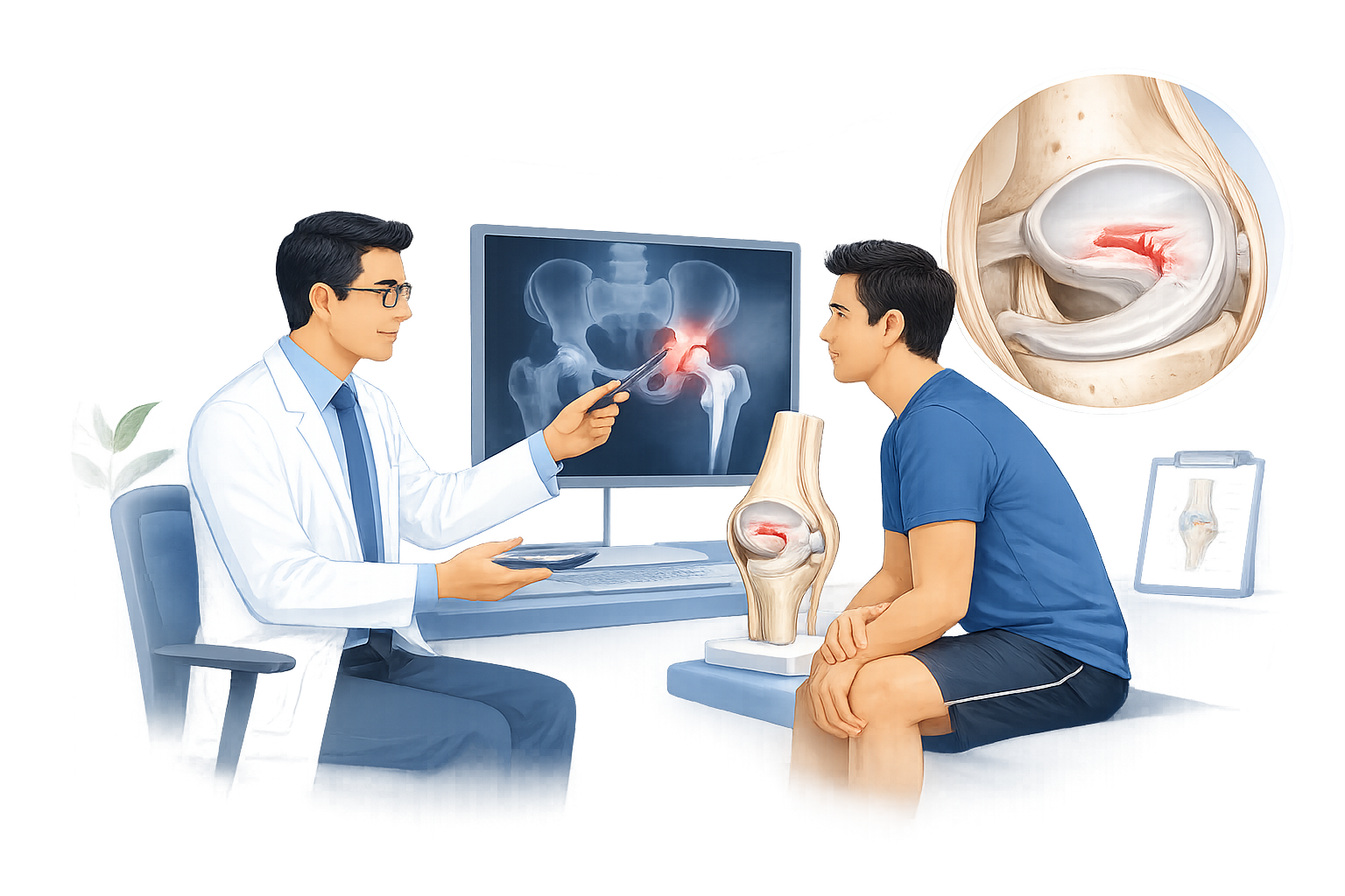 Dr. Om Baghele consulting patient about meniscus tear treatment