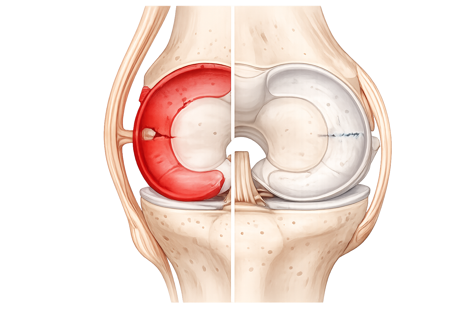 Knee anatomy showing red zone and white zone of the meniscus